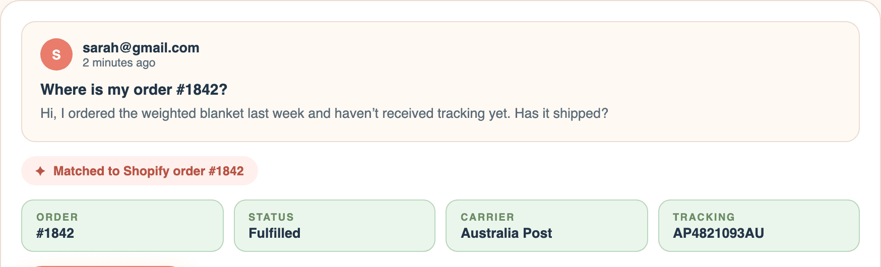 Un email client est relié automatiquement à la commande Shopify 1842 avec statut, transporteur et numéro de suivi
